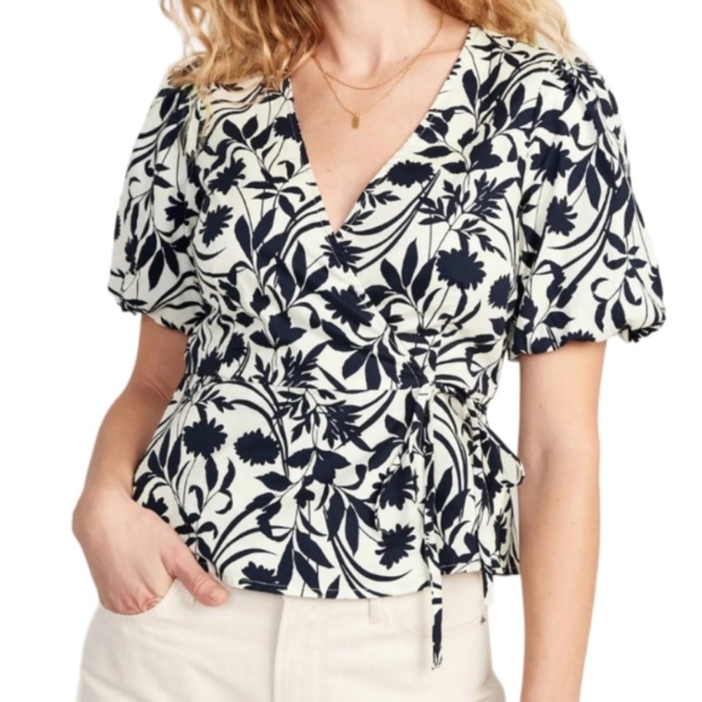 Old Navy Cream and Black Puff-Sleeve Tie-Wrap Blouse Size Large NWT
